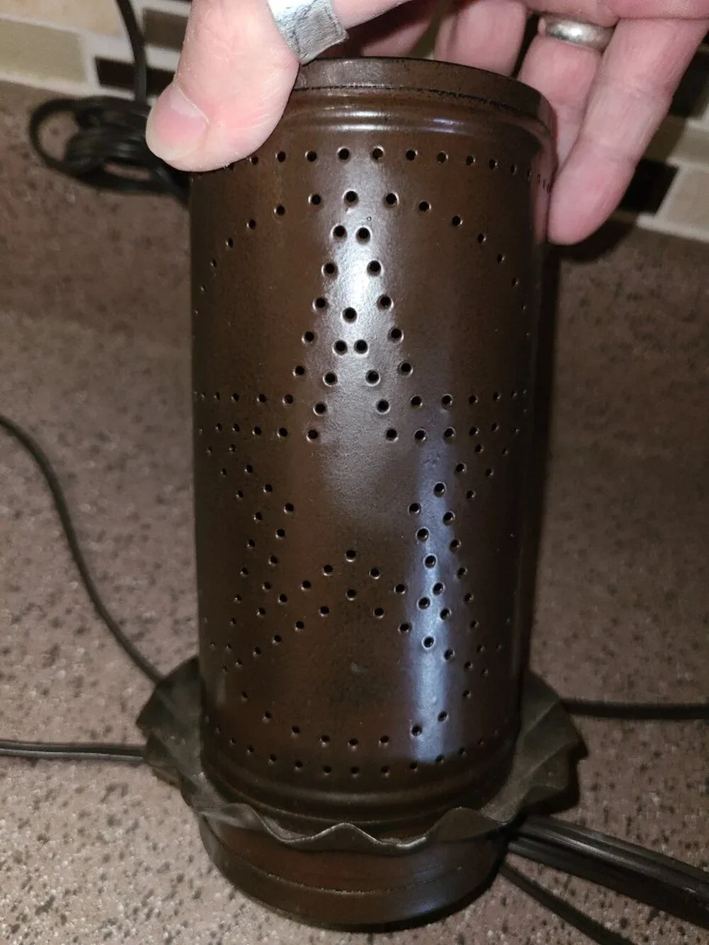 Tin Punched Star Design Night Light dark Brown Free Standing 7